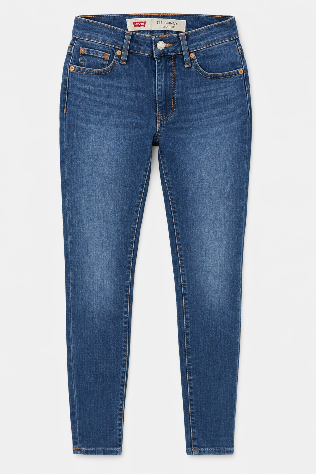 Blue jeans with Levi's branding on a light gray background
