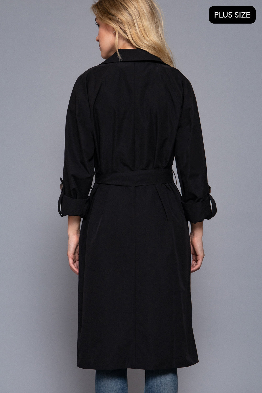 Plus Size Belted Lapel Trench Coat – Black & Light Khaki – Black – View 3