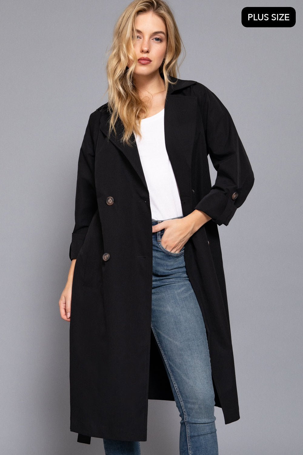 Plus Size Belted Lapel Trench Coat – Black & Light Khaki – Black – View 4
