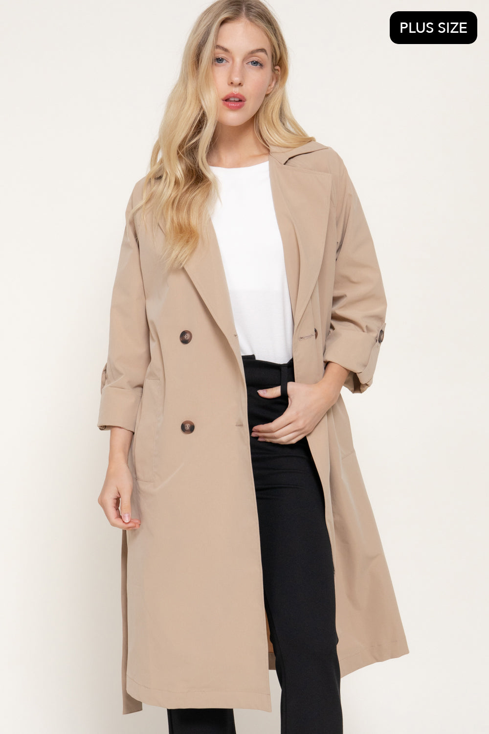 Plus Size Belted Lapel Trench Coat – Black & Light Khaki – Light Khaki – View 2