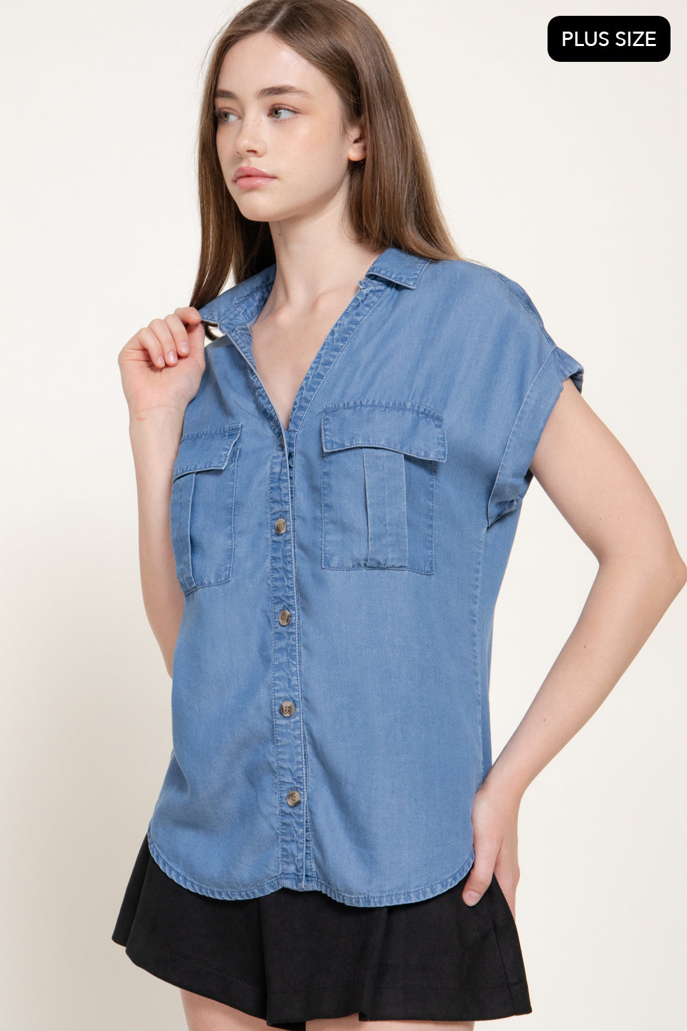 Plus Size Lyocell Dolman-Sleeve Button-Down Shirt – Medium Denim - Medium Denim