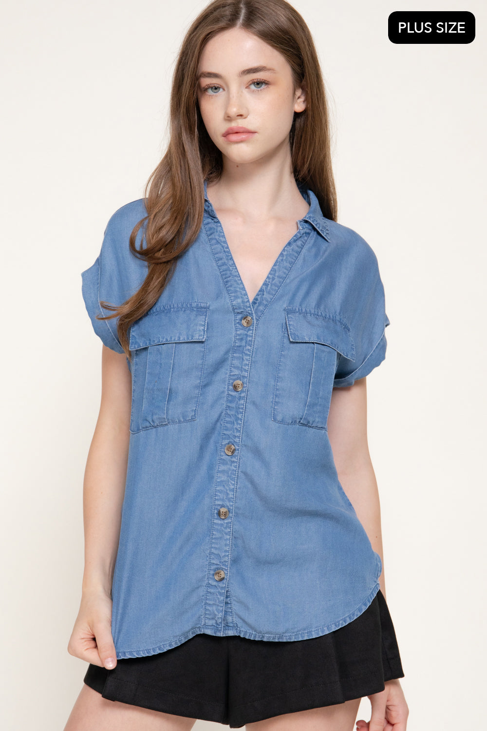 Plus Size Lyocell Dolman-Sleeve Button-Down Shirt – Medium Denim – Medium Denim – View 2