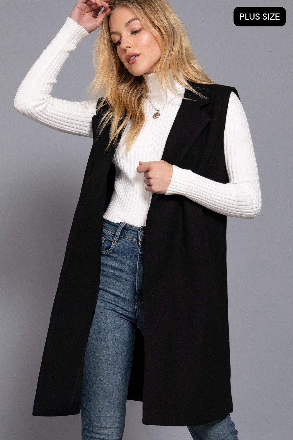 Plus Size Notched-Collar Longline Felt Vest – Black & Dark Beige - Black