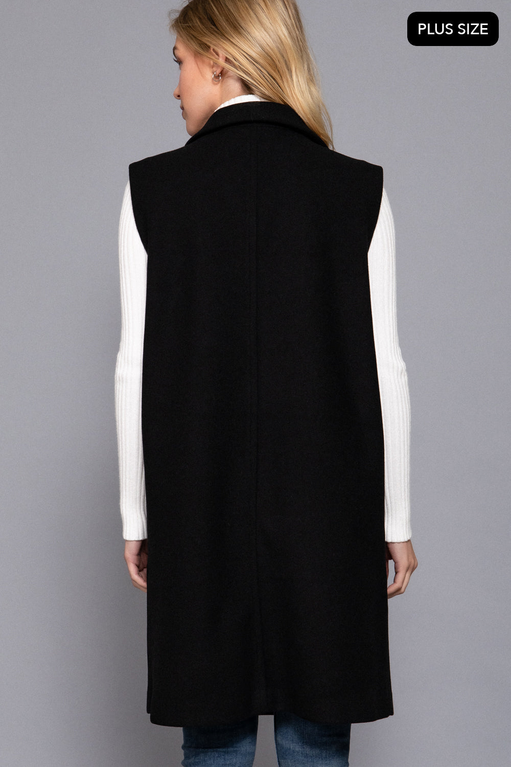 Plus Size Notched-Collar Longline Felt Vest – Black & Dark Beige – Black – View 4