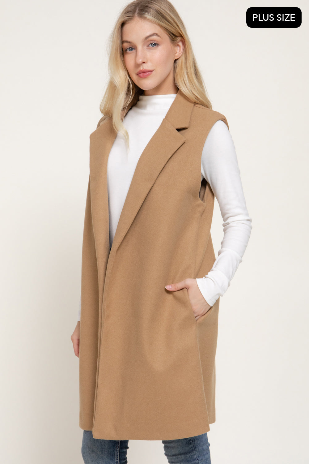 Plus Size Notched-Collar Longline Felt Vest – Black & Dark Beige – Dark Beige – View 2