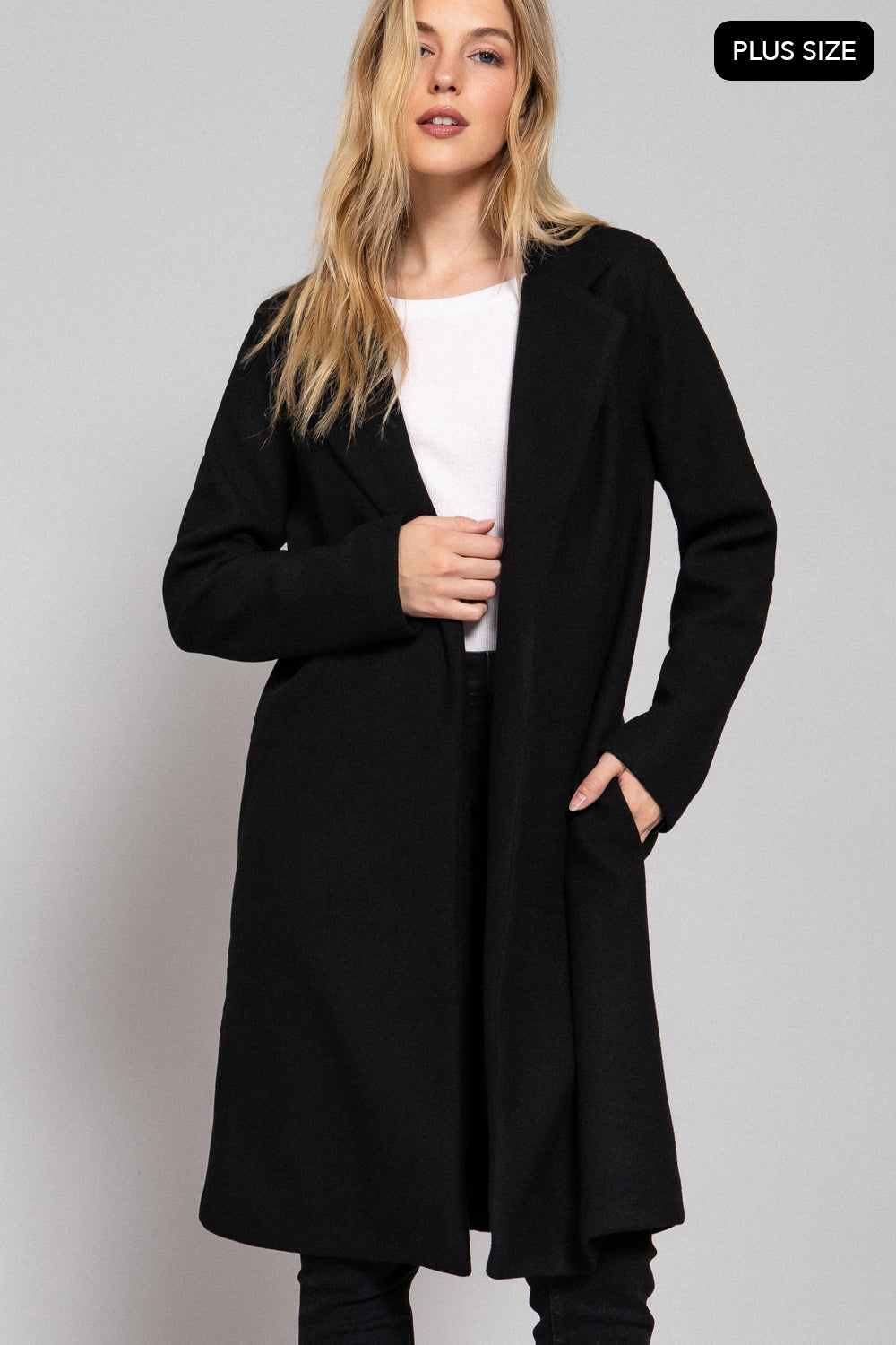 Plus Size Notched-Collar Open-Front Felt Coat – Black - Black