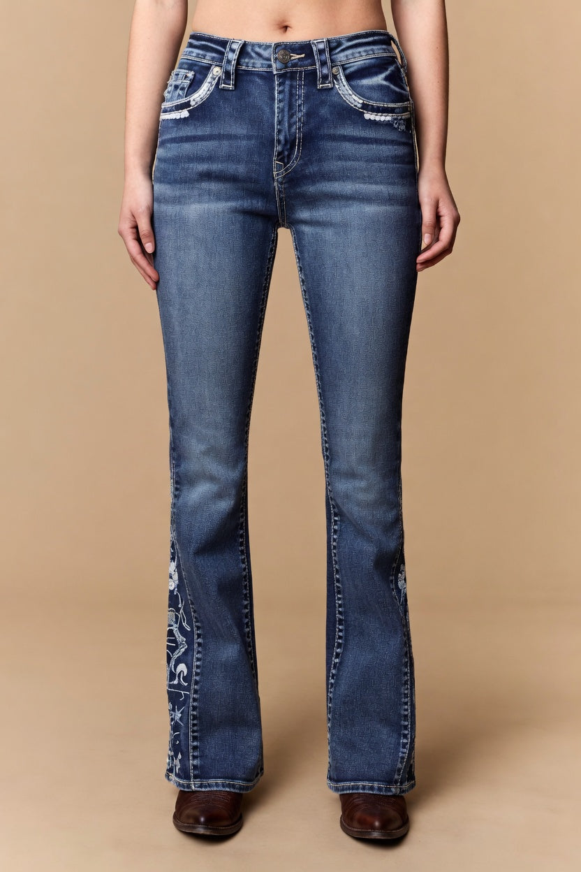 Embroidered Side Panel Flare Jeans