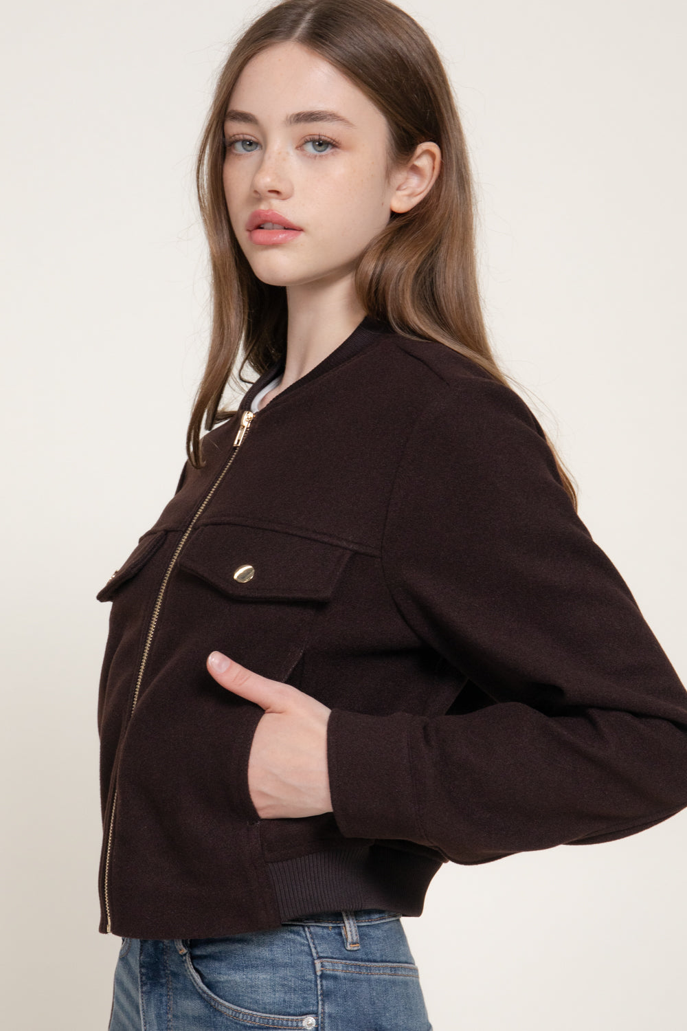 Pocket-Flap Crew-Neck Felt Jacket – Dark Brown – Dark Brown – View 3