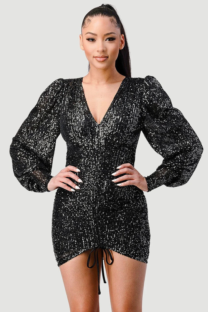 CHIC SEQUIN FRONT DRAWSTRING BISHOP LONG SLEEVE MINI DRESS - Vella Moda