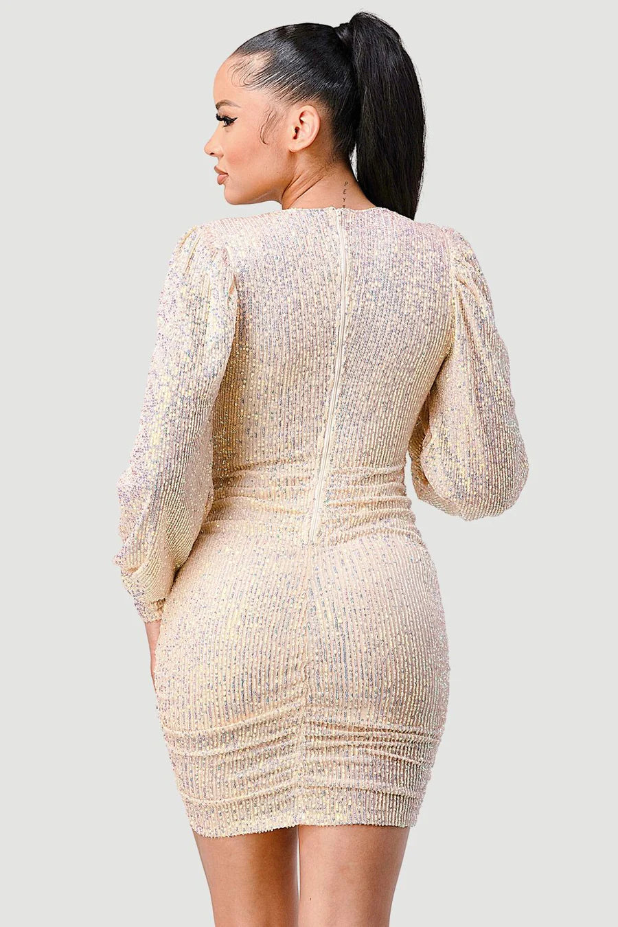 CHIC SEQUIN FRONT DRAWSTRING BISHOP LONG SLEEVE MINI DRESS - Vella Moda