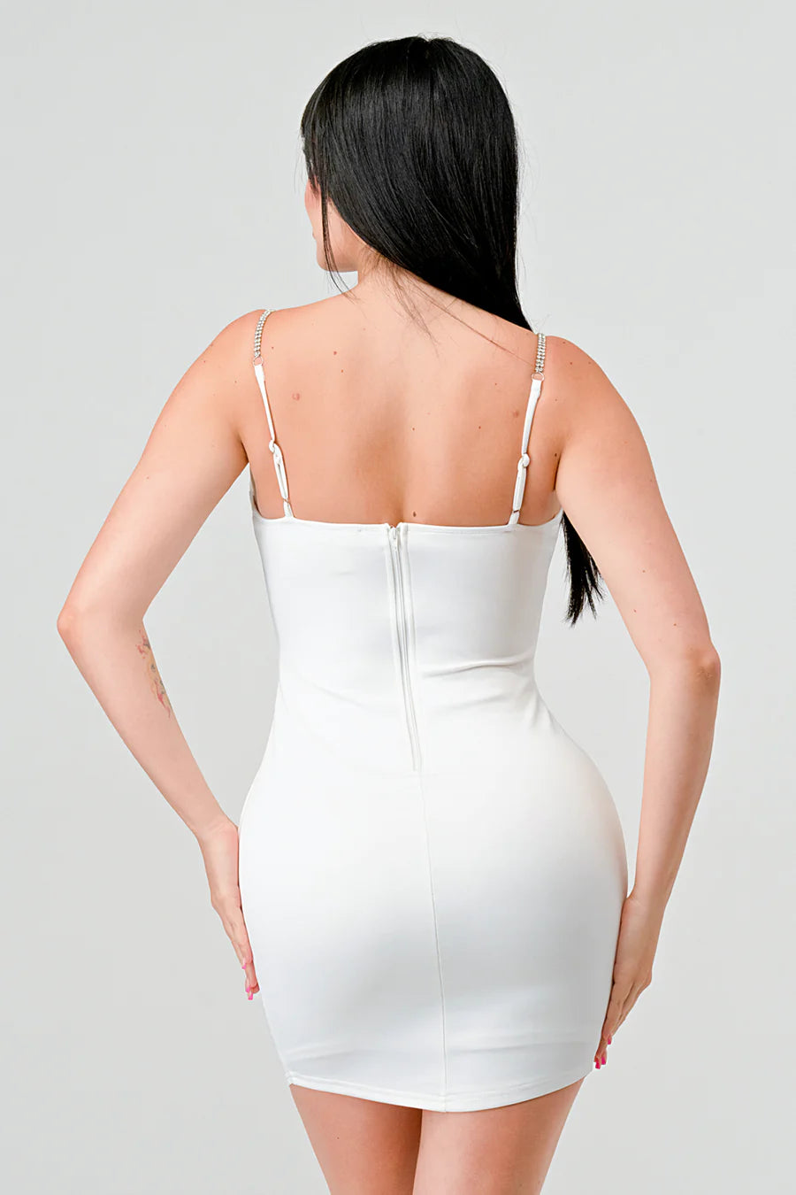 LUX TECHNO EMBELLISHED STRAP BODYCON MINI DRESS - Vella Moda