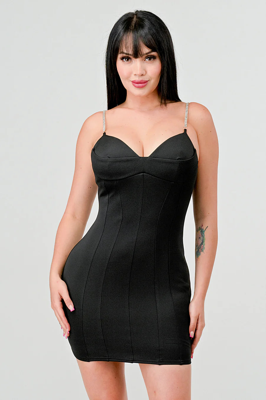 LUX TECHNO EMBELLISHED STRAP BODYCON MINI DRESS - Vella Moda