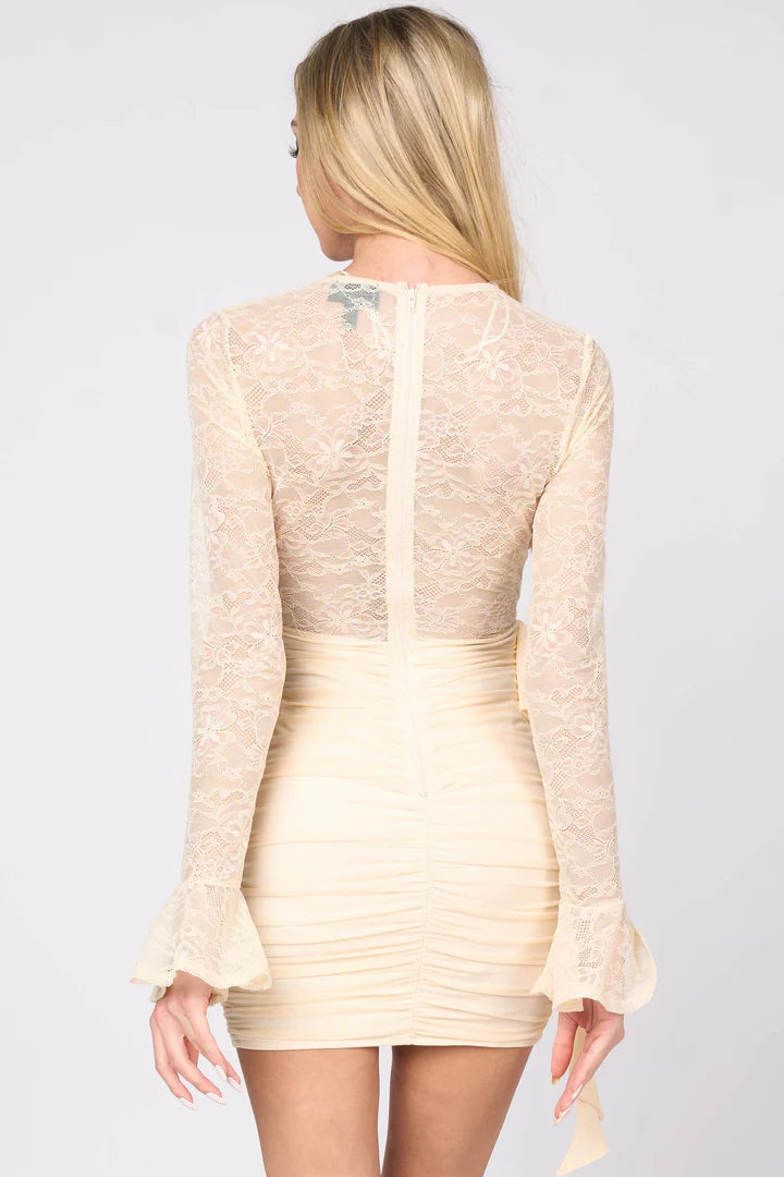 LUXE LACE V-NECK MESH SIDE DRAPED MINI DRESS - Vella Moda