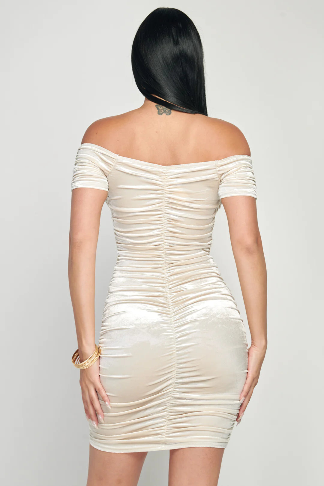 Shiny Velvet Off-Shoulder Ruched Mini Dress - Vella Moda