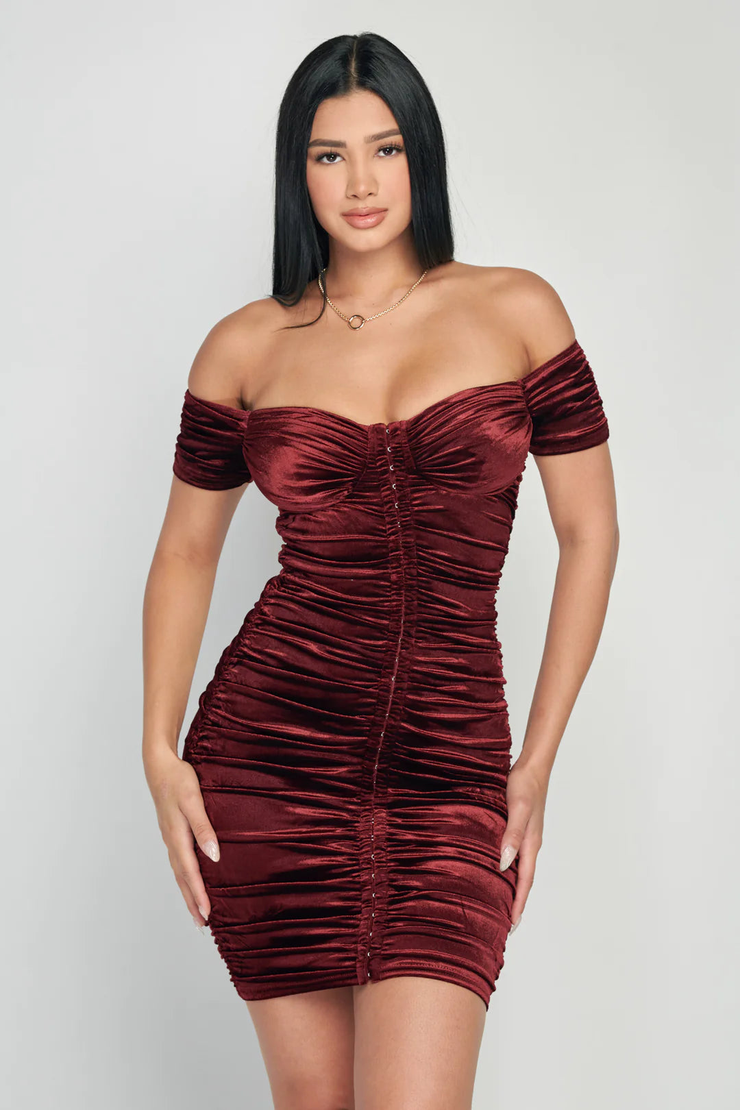 Shiny Velvet Off-Shoulder Ruched Mini Dress - Vella Moda