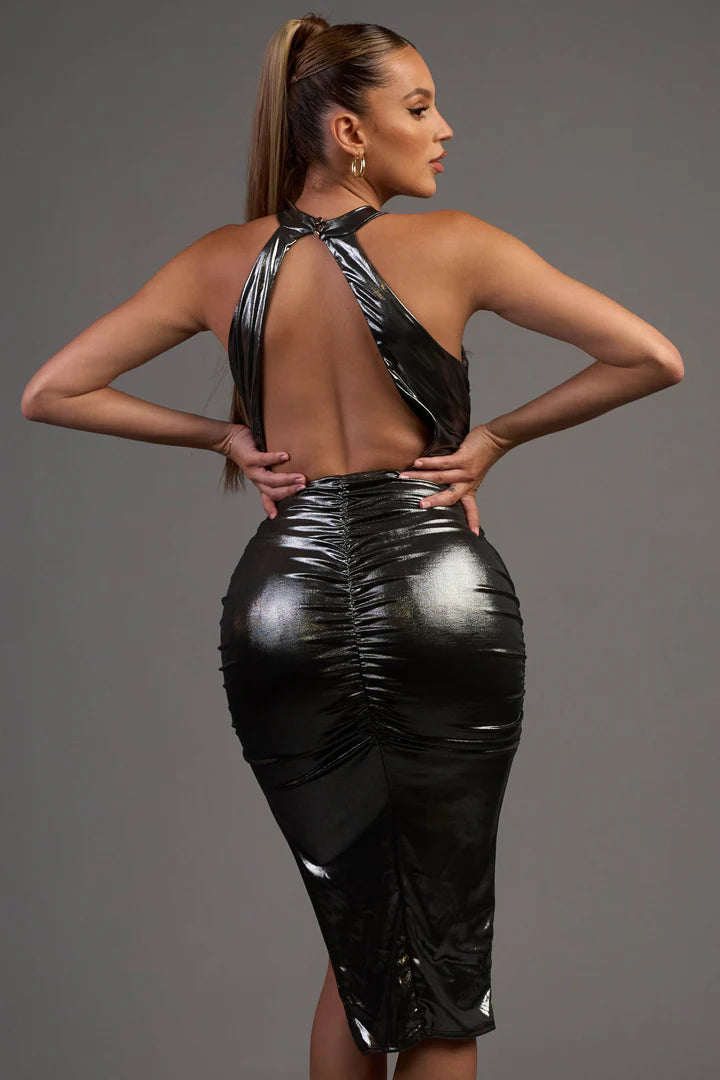 CHIC METALLIC SHINY SLINKY HALTER SLIT MIDI DRESS - Vella Moda