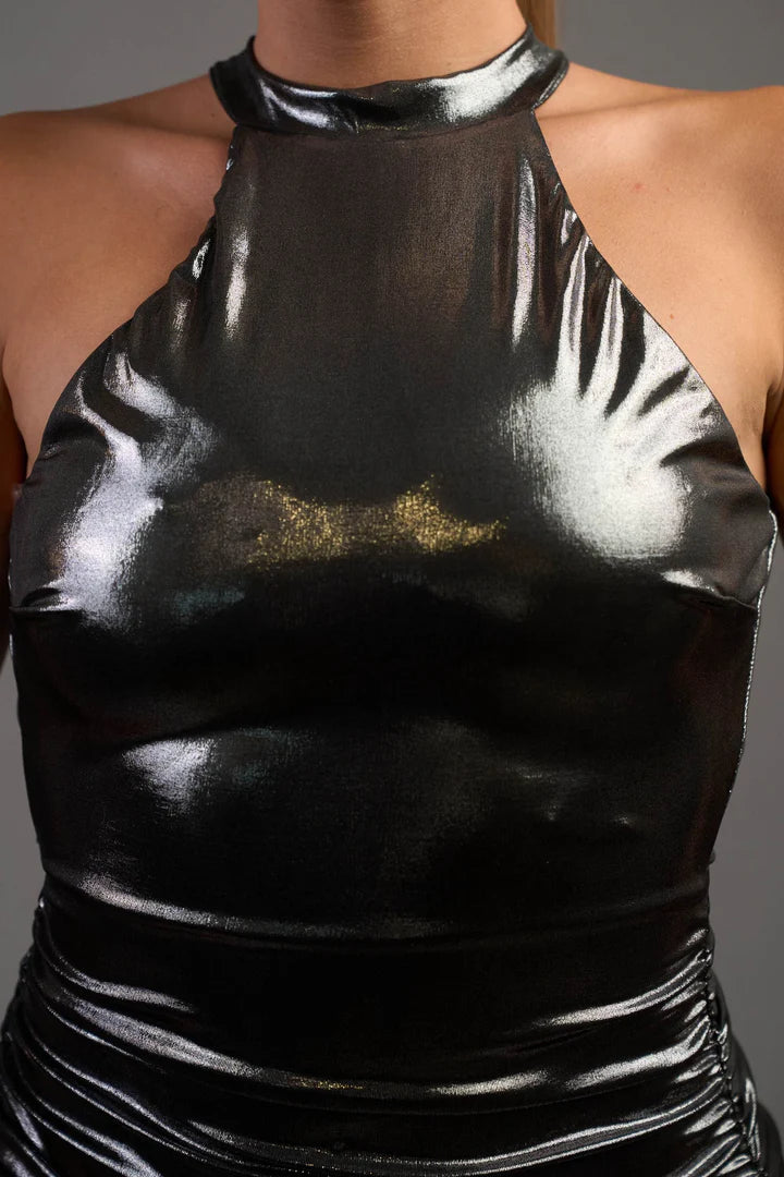 CHIC METALLIC SHINY SLINKY HALTER SLIT MIDI DRESS - Vella Moda