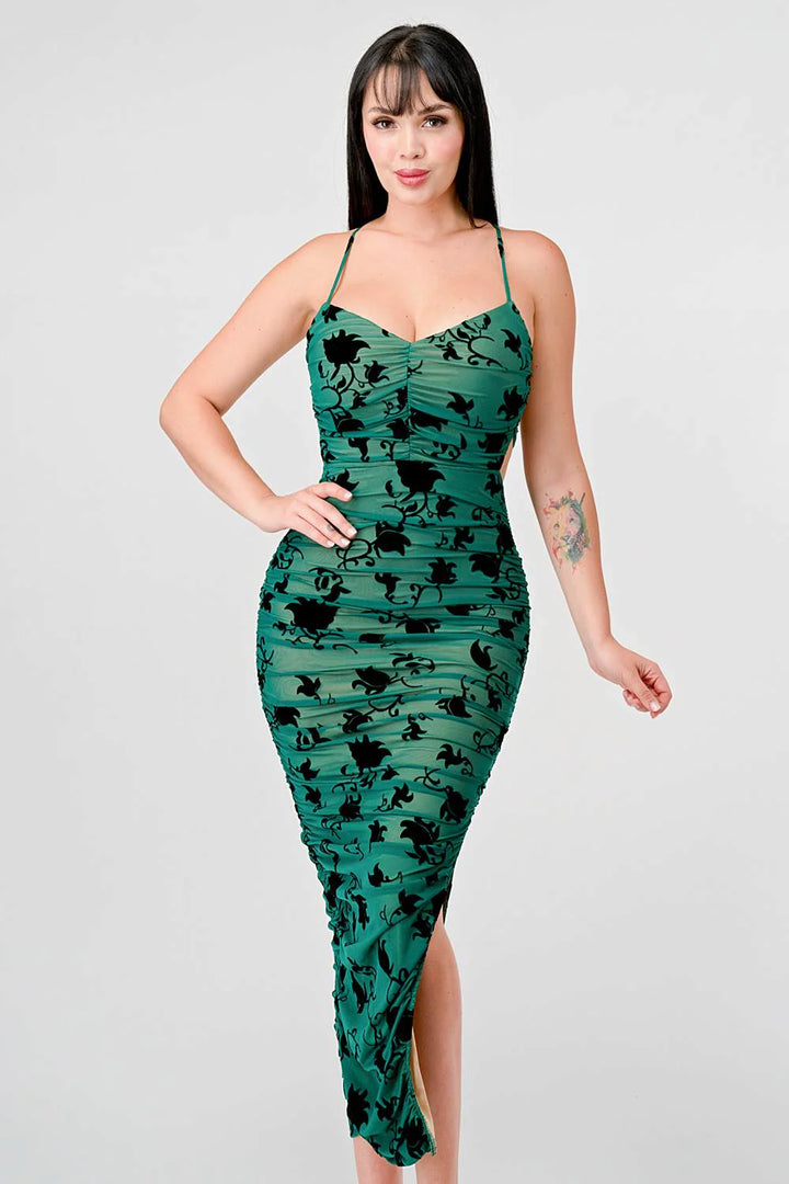 CLASSY MESH VELVET FLOCKING SIDE SLIT DRAWSTRING BACK BODYCON MIDI DRESS - Vella Moda