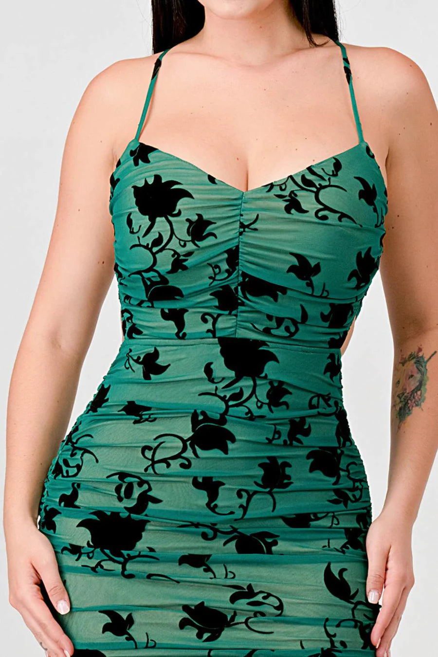 CLASSY MESH VELVET FLOCKING SIDE SLIT DRAWSTRING BACK BODYCON MIDI DRESS - Vella Moda