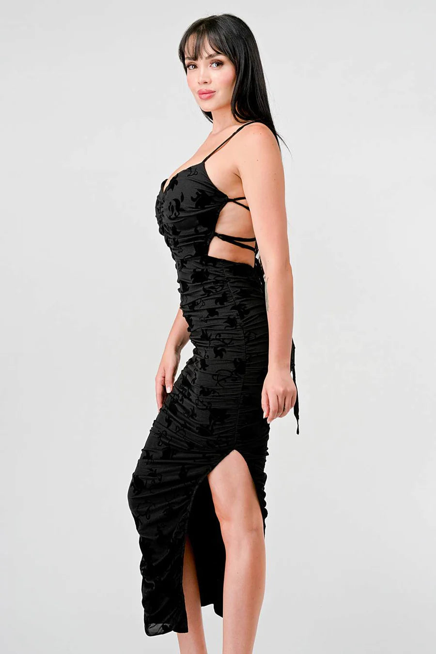 CLASSY MESH VELVET FLOCKING SIDE SLIT DRAWSTRING BACK BODYCON MIDI DRESS - Vella Moda