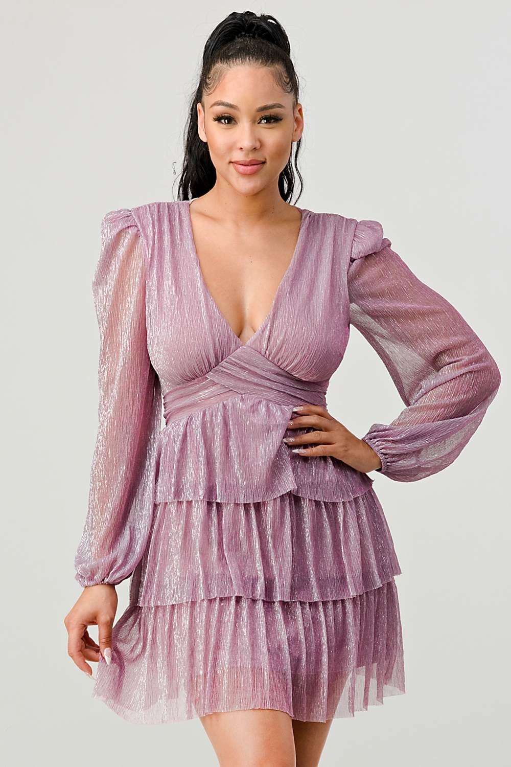 LUX FANTASY GLITTER DEEP V-NECK TIERED PEASANT SLEEVES FIT AND FLARE RUFFLED MINI DRESS - Vella Moda