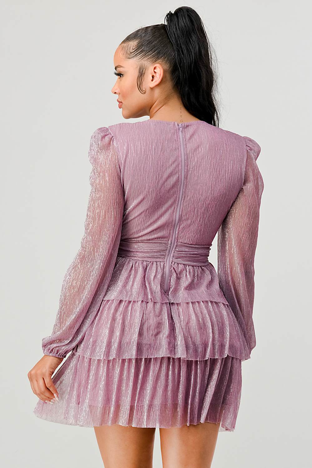 LUX FANTASY GLITTER DEEP V-NECK TIERED PEASANT SLEEVES FIT AND FLARE RUFFLED MINI DRESS - Vella Moda