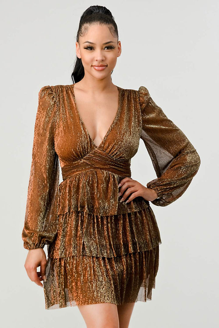 LUX FANTASY GLITTER DEEP V-NECK TIERED PEASANT SLEEVES FIT AND FLARE RUFFLED MINI DRESS - Vella Moda