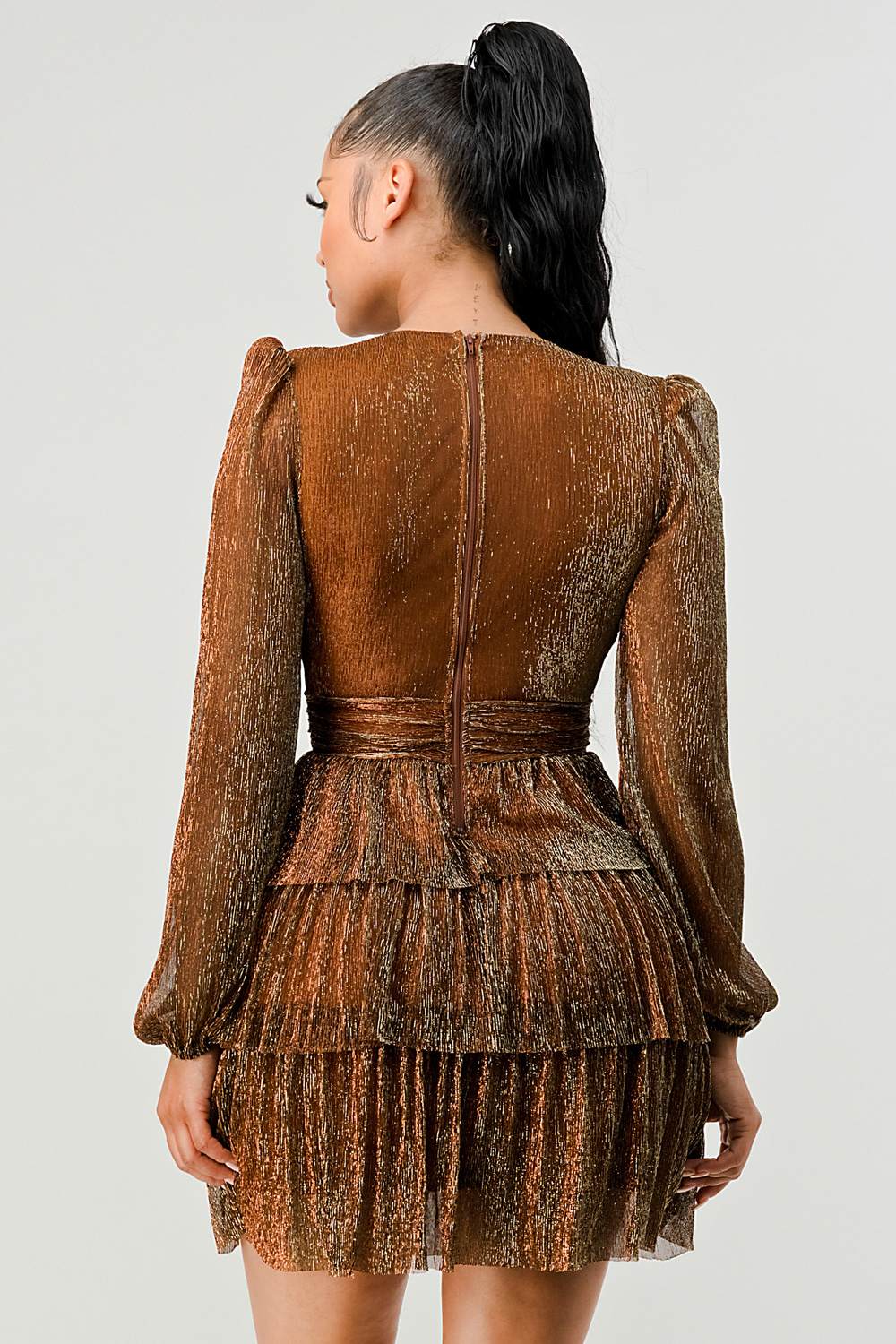 LUX FANTASY GLITTER DEEP V-NECK TIERED PEASANT SLEEVES FIT AND FLARE RUFFLED MINI DRESS - Vella Moda