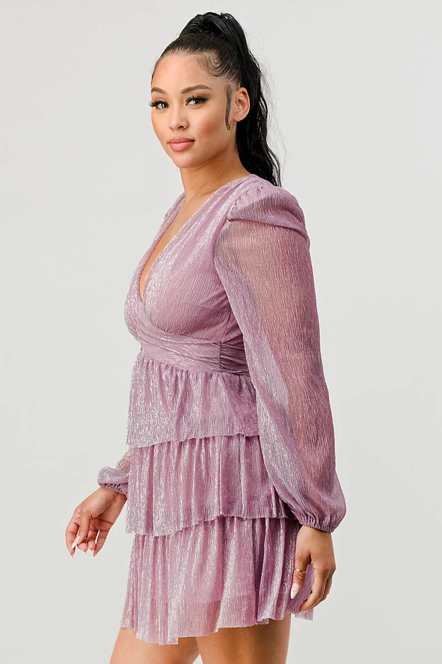 LUX FANTASY GLITTER DEEP V-NECK TIERED PEASANT SLEEVES FIT AND FLARE RUFFLED MINI DRESS - Vella Moda