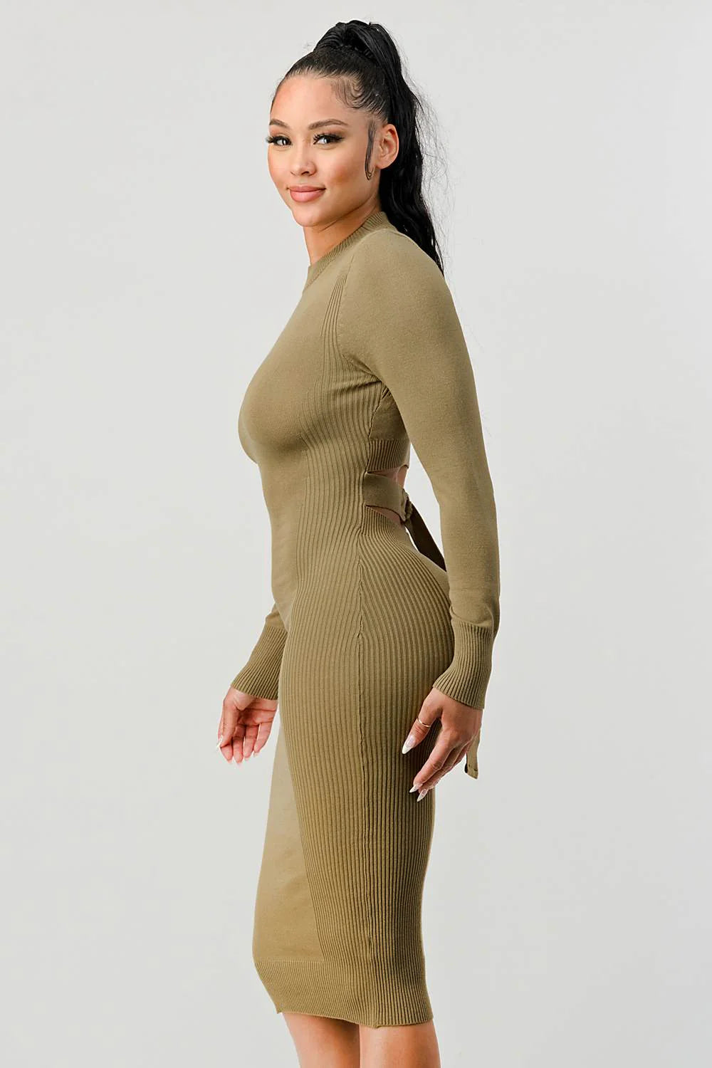 RIB SWEATER KNIT BACK WAIST TIE LONG SLEEVES BODYCON MIDI DRESS - Vella Moda