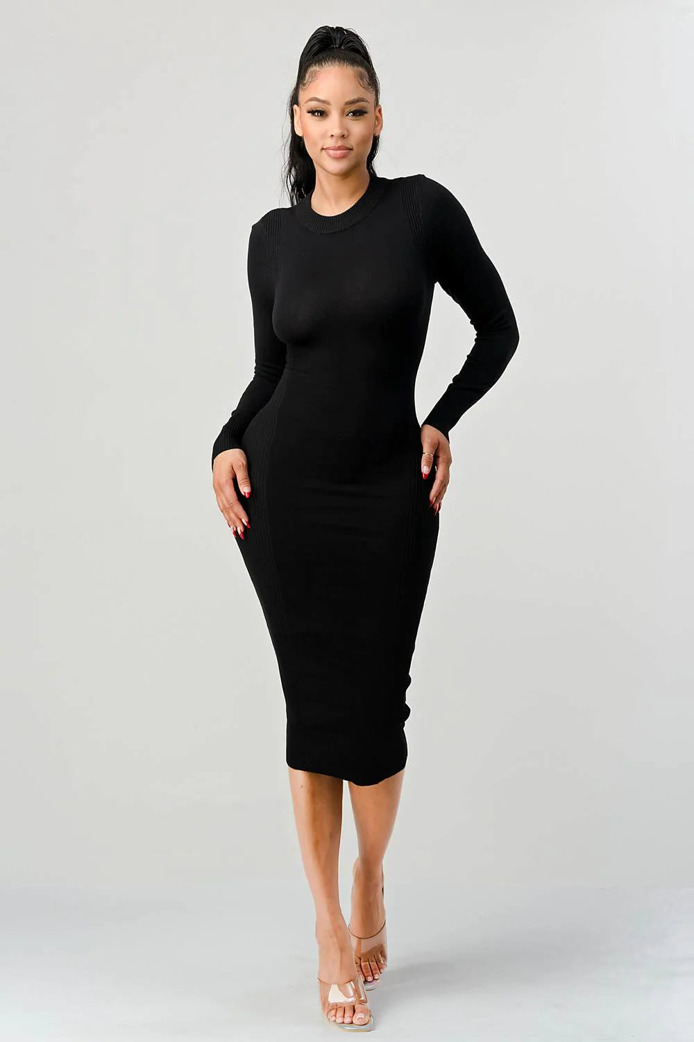 RIB SWEATER KNIT BACK WAIST TIE LONG SLEEVES BODYCON MIDI DRESS - Vella Moda