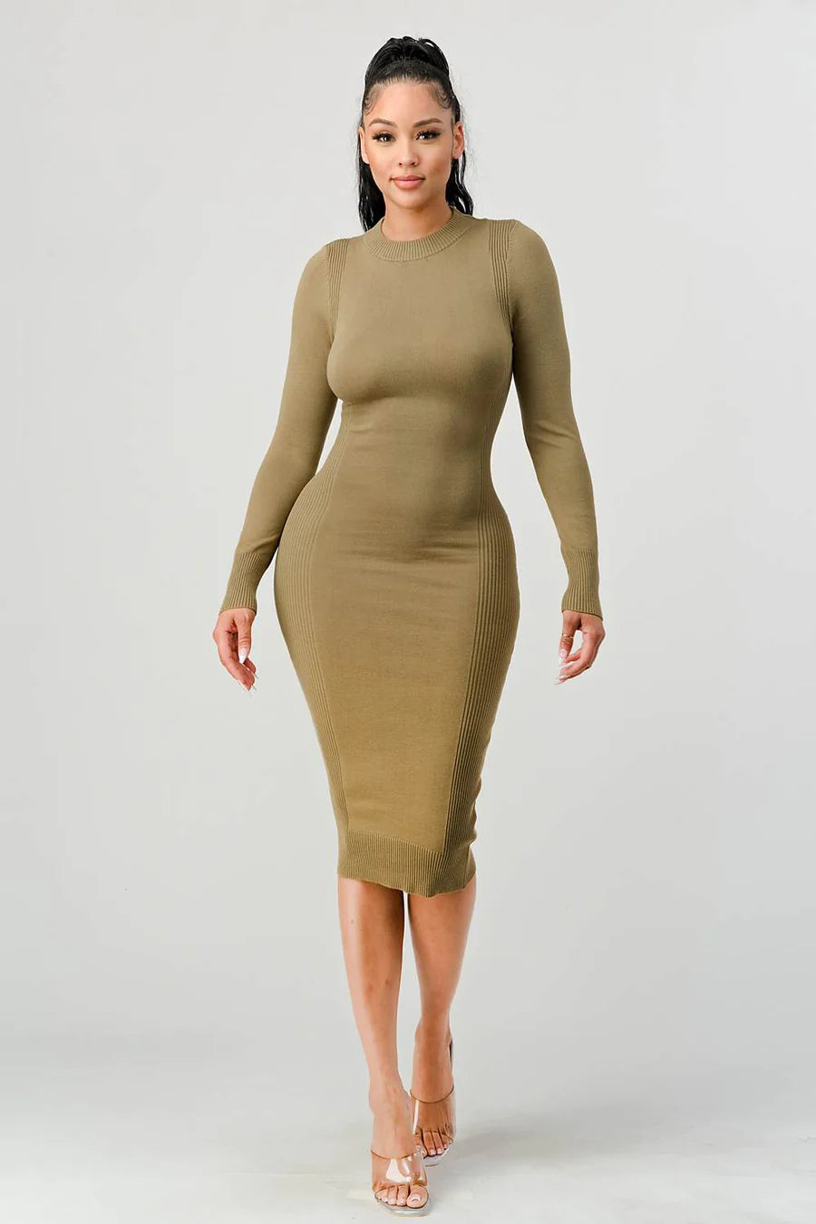 RIB SWEATER KNIT BACK WAIST TIE LONG SLEEVES BODYCON MIDI DRESS - Vella Moda