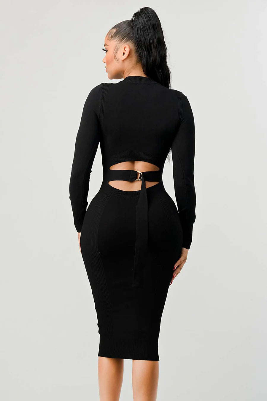RIB SWEATER KNIT BACK WAIST TIE LONG SLEEVES BODYCON MIDI DRESS - Vella Moda
