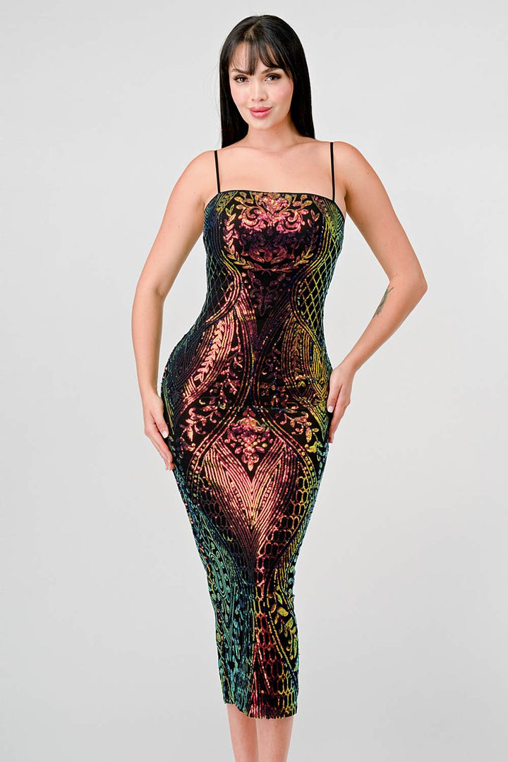 ENCHANTING PATTERN SEQUINS EMBELLISHED BACK SLIT MIDI DRESS - Vella Moda