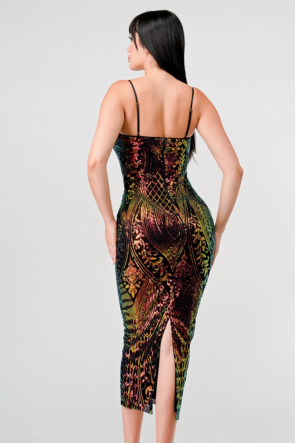ENCHANTING PATTERN SEQUINS EMBELLISHED BACK SLIT MIDI DRESS - Vella Moda