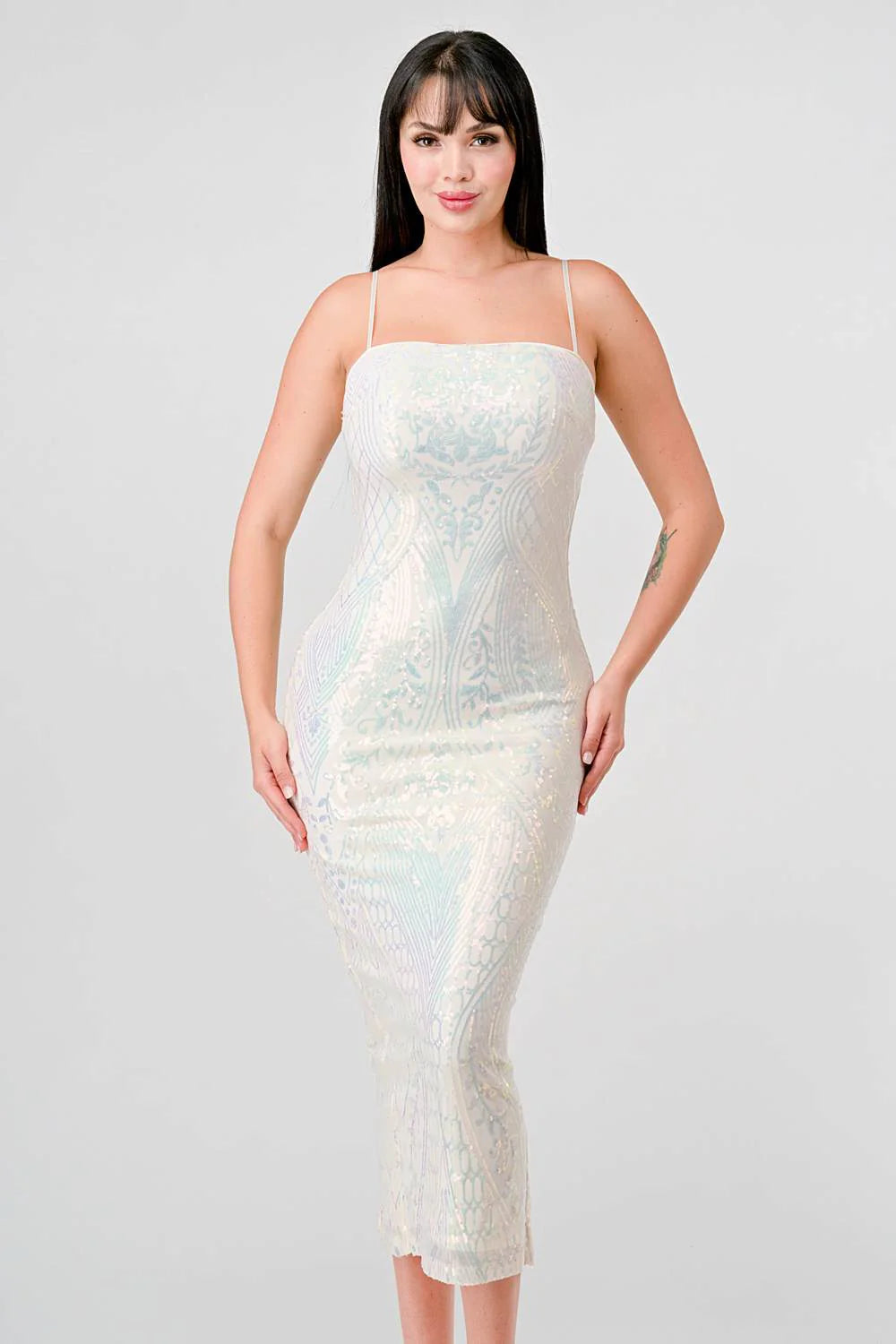 ENCHANTING PATTERN SEQUINS EMBELLISHED BACK SLIT MIDI DRESS - Vella Moda