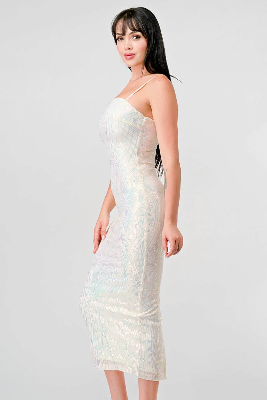 ENCHANTING PATTERN SEQUINS EMBELLISHED BACK SLIT MIDI DRESS - Vella Moda