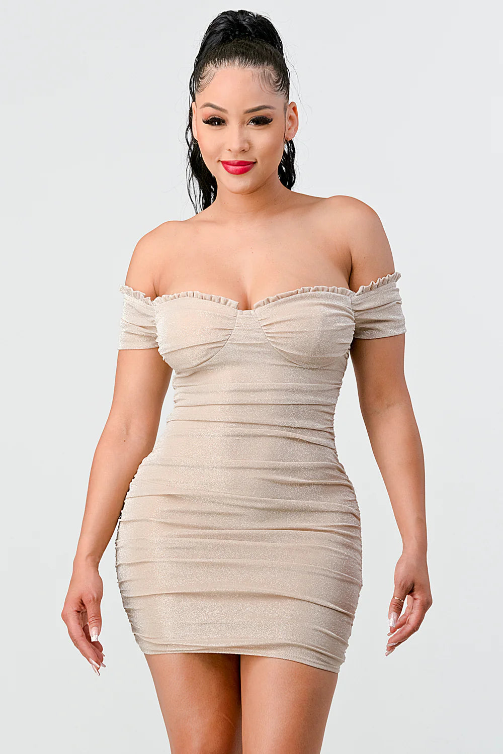 LUX SHINY METALIC GLITTER RUFFLED OFF SHOULDER BODYCON MINI DRESS - Vella Moda