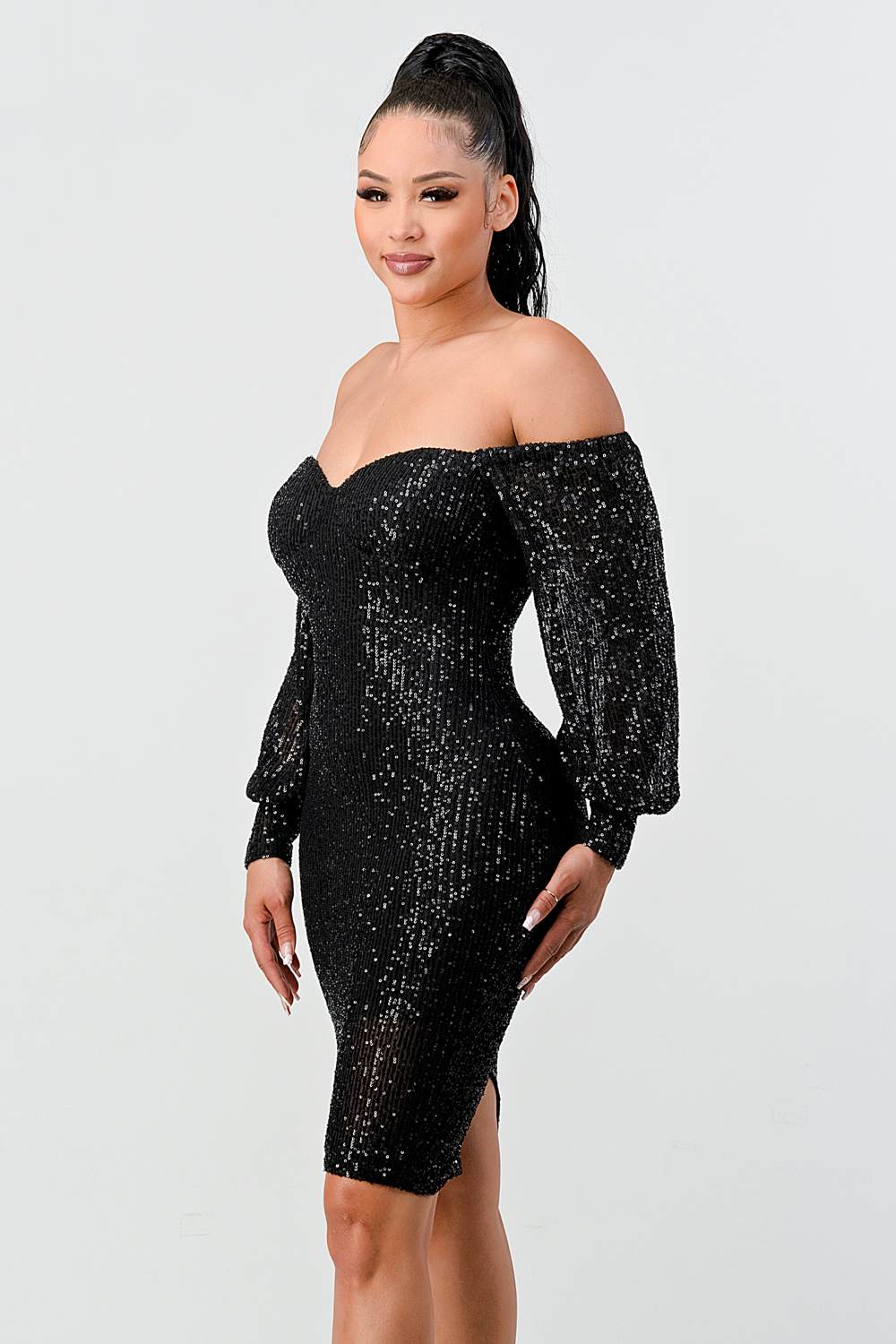 Off Shoulder Puff Sleeves Bodycon - Vella Moda