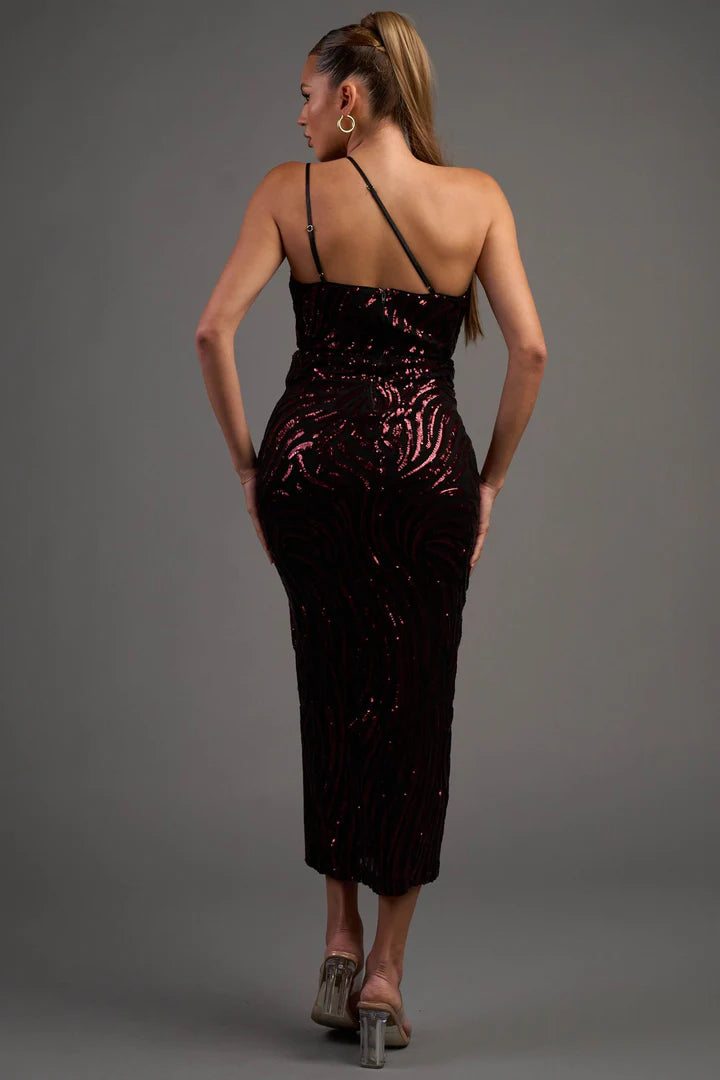 LUXE WAVE SEQUINS ASYMMERTIC SHOULDER MIDI DRESS - Vella Moda