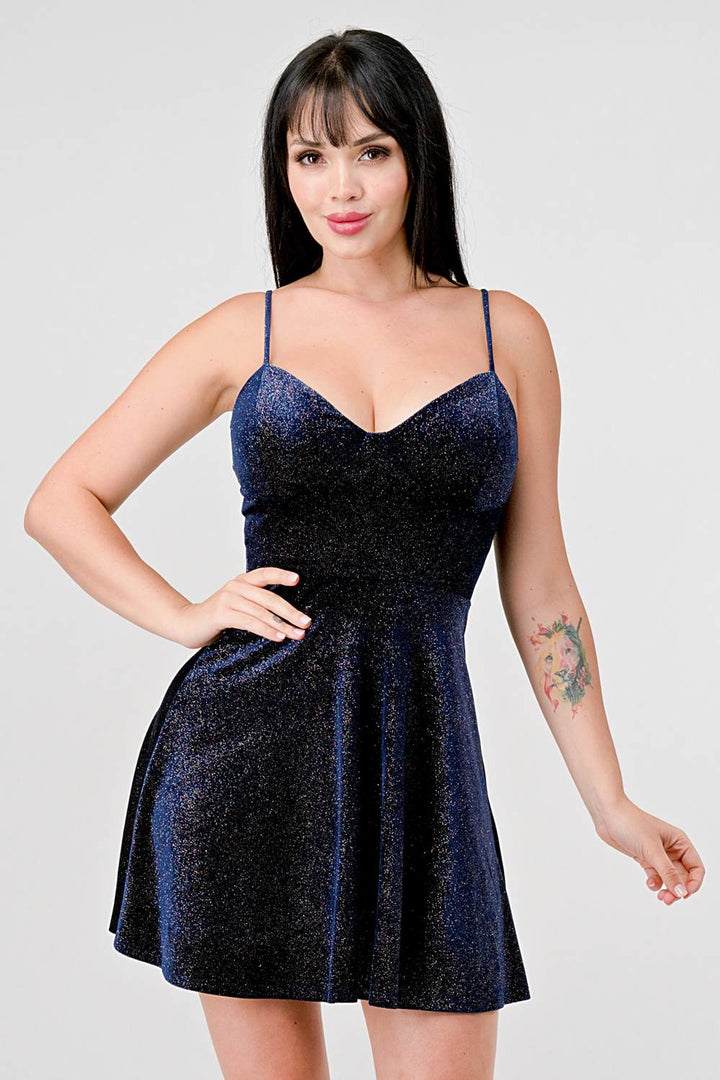 VELVET SHINY GLITTER SWEETHEART MINI DRESS - Vella Moda