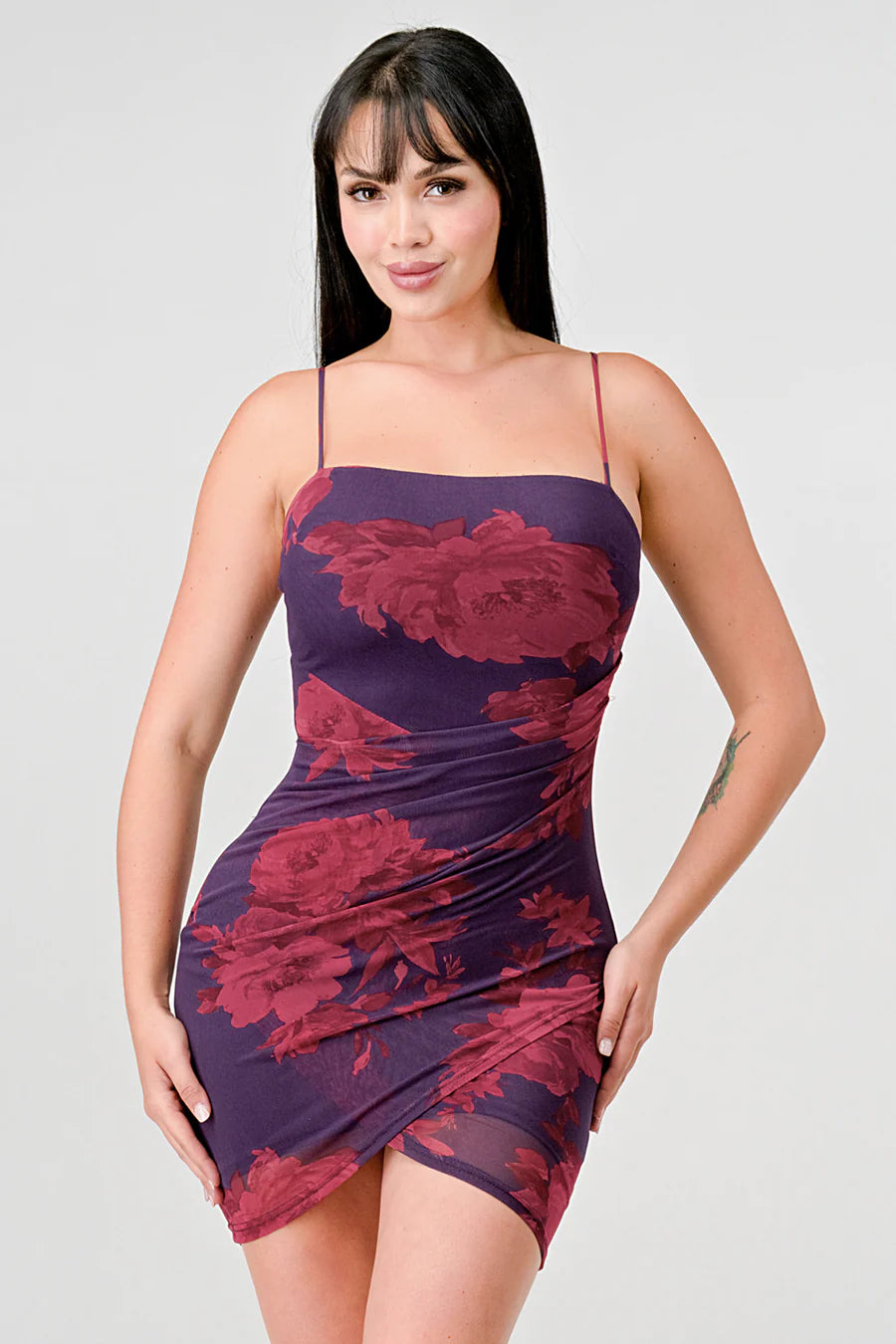 MESH PRINT TULIP HEM BODYCON MINI DRESS - Vella Moda