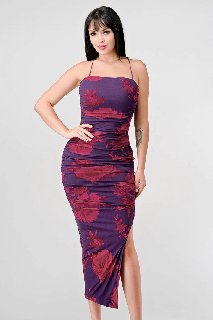 FLORAL PRINT MESH SIDE SLIT DRAWSTRING BACK SLITTED BODYCON MIDI DRESS - Vella Moda