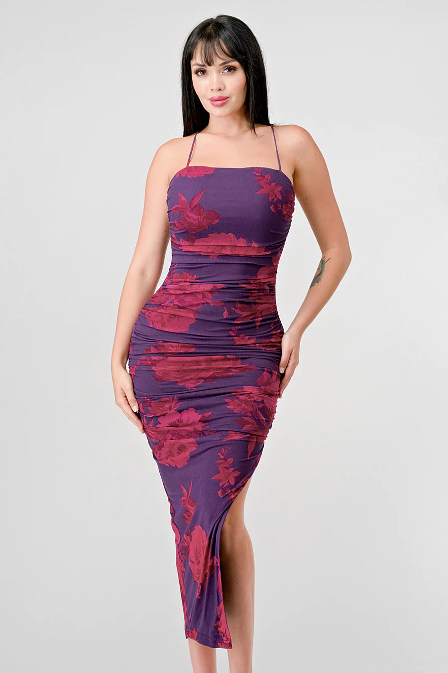 FLORAL PRINT MESH SIDE SLIT DRAWSTRING BACK SLITTED BODYCON MIDI DRESS - Vella Moda