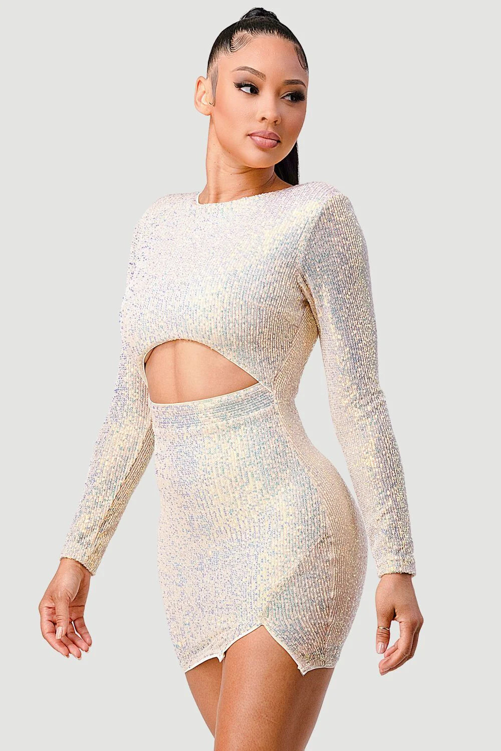 SHINY SEQUINS CUTOUT WAIST SMALL SLIT BODYCON MINI DRESS - Vella Moda