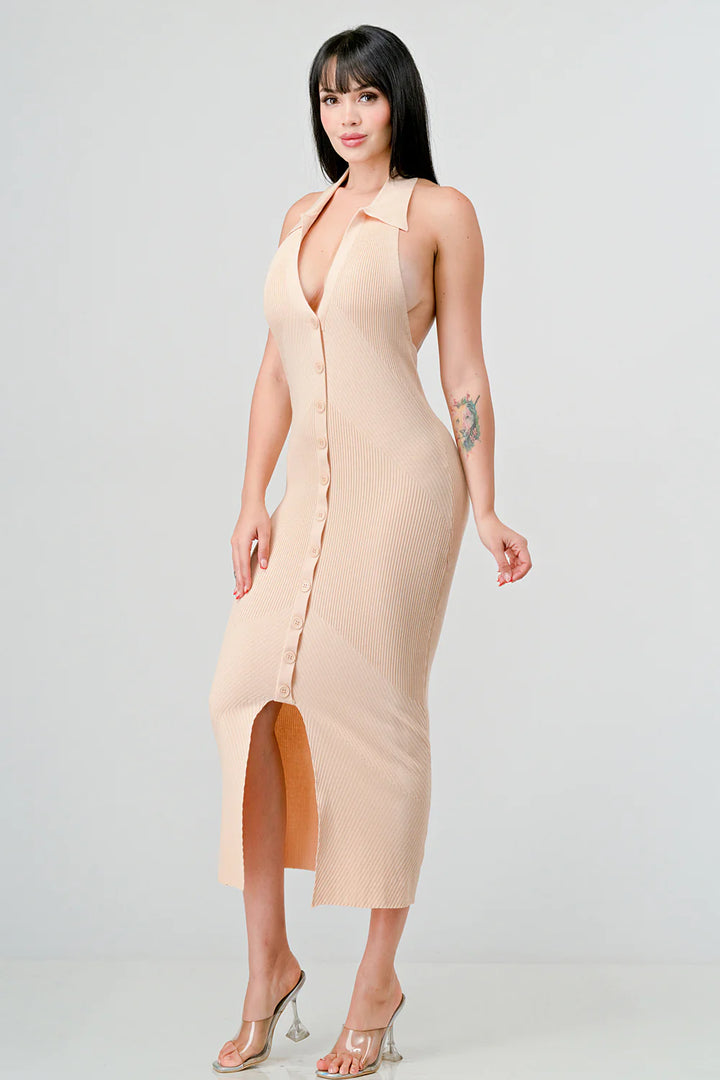 Privy sexy rib knit button midi dress with exposed back, featuring fitted silhouette and stylish design, perfect for evening wear.