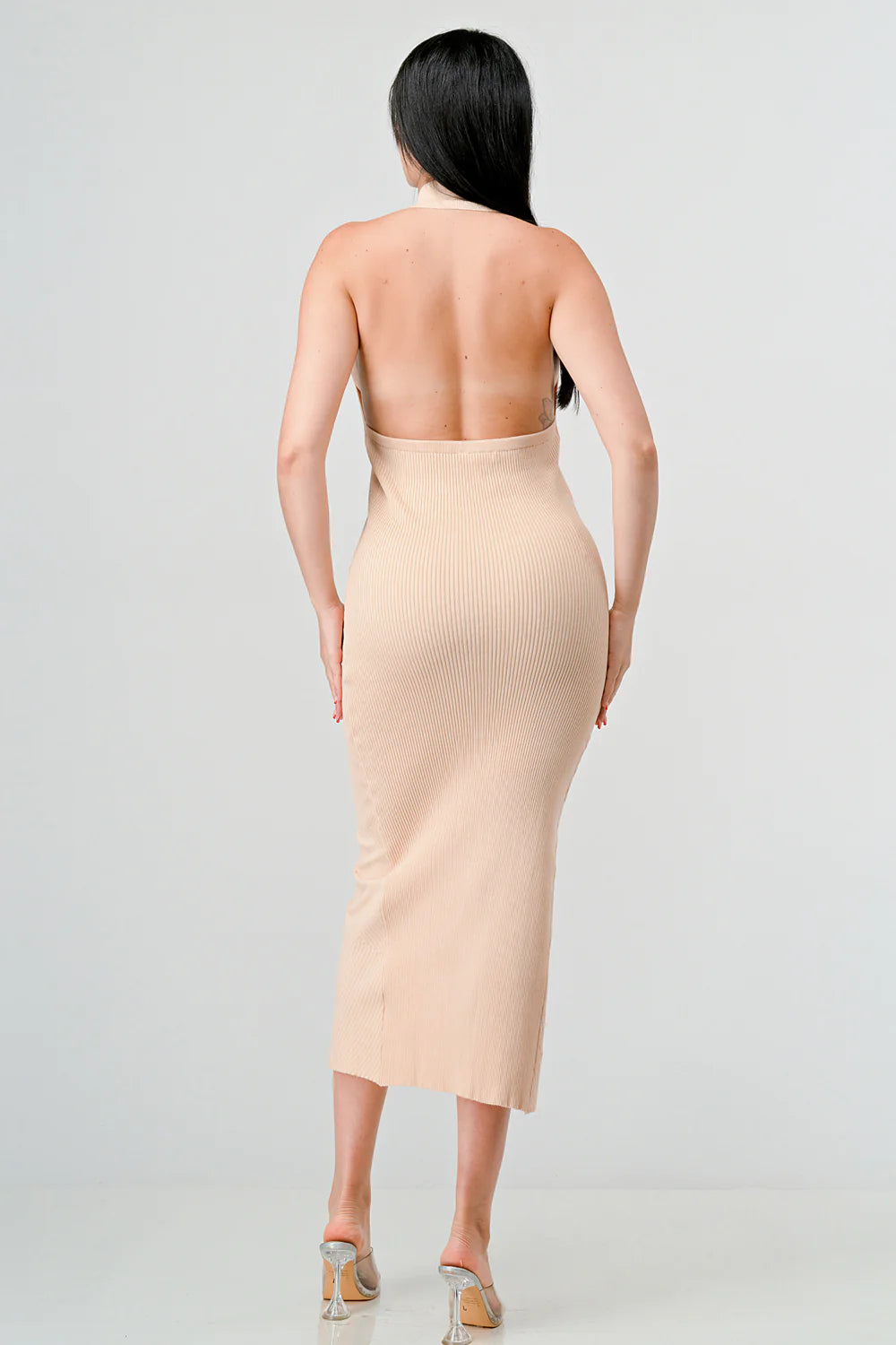 Privy sexy rib knit button-back midi dress with an exposed back, form-fitting design, and stylish ribbed texture.