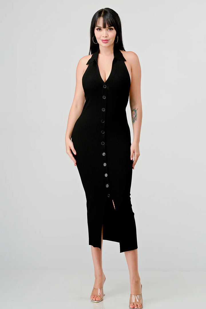 Privy sexy rib knit button-up back midi dress featuring an exposed back and fitted silhouette in a stylish knit fabric.