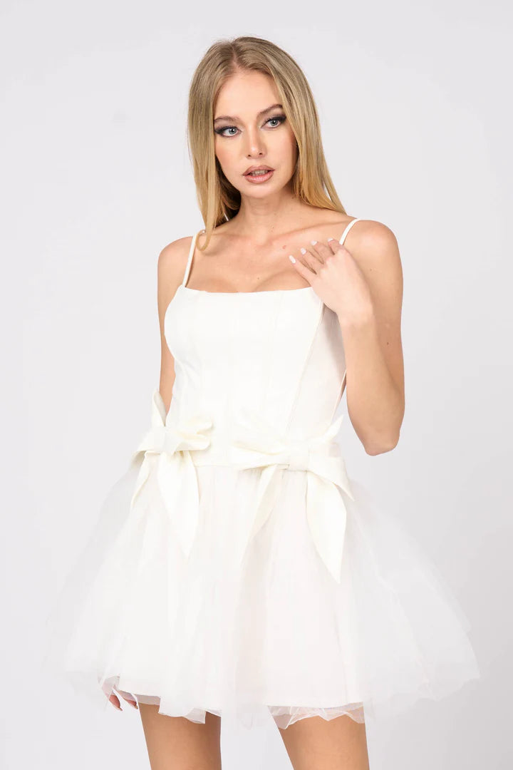 ROMANTIC BOWS DETAIL PLEATED TULLE MINI DRESS - Vella Moda