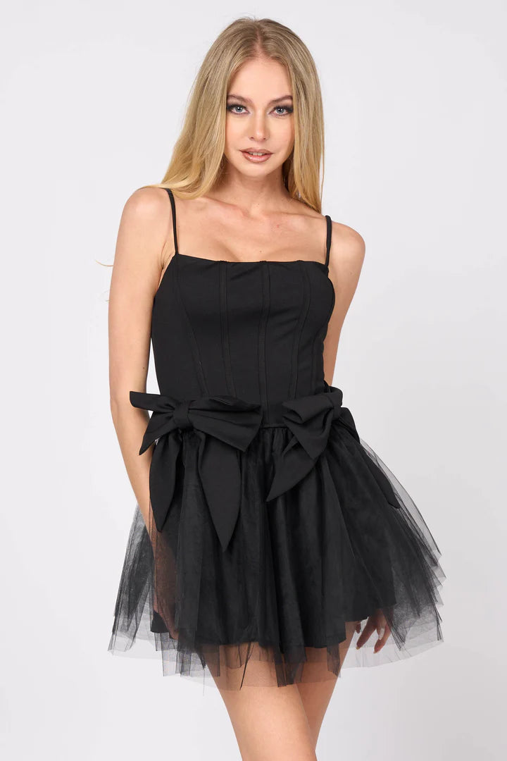 ROMANTIC BOWS DETAIL PLEATED TULLE MINI DRESS - Vella Moda